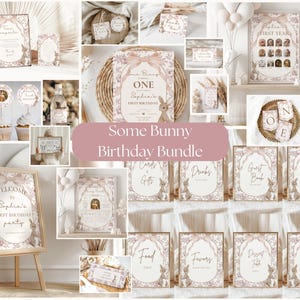 Some bunny is turning ONE birthday party bundle,bunny birthday party decor,first birthday Bundle,girl bow decor,EDITABLE template,Canva