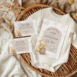 Notre petite chérie est presque due suite d'invitation de baby shower, invitation classique de baby shower de Winnie l'ourson, MODÈLE MODIFIABLE, neutre en termes de genre
