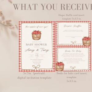 May include: A digital baby shower invitation template set featuring a red and white gingham border and watercolor apple basket illustrations. The set includes a 5x7 inch invitation, a 5x3.5 inch diaper raffle card, and a 5x3.5 inch books for baby card.