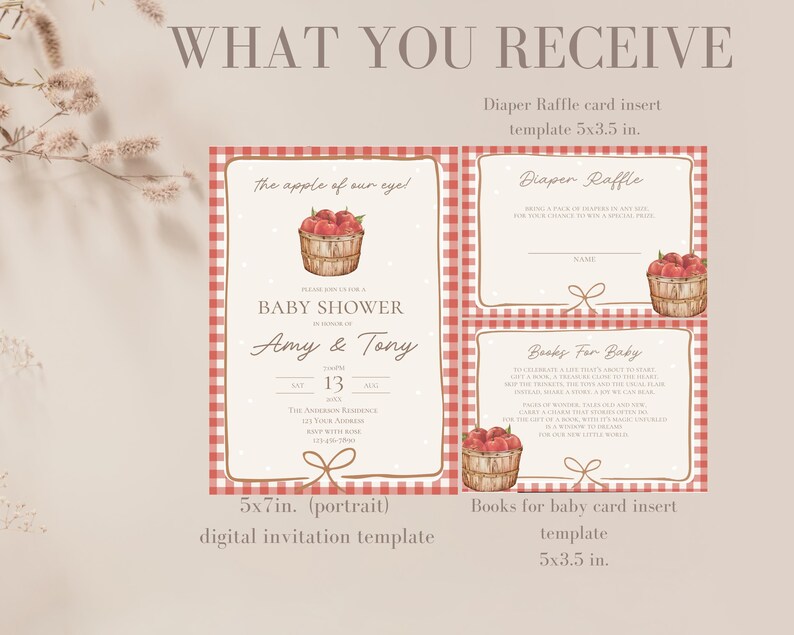 May include: A digital baby shower invitation template set featuring a red and white gingham border and watercolor apple basket illustrations. The set includes a 5x7 inch invitation, a 5x3.5 inch diaper raffle card, and a 5x3.5 inch books for baby card.