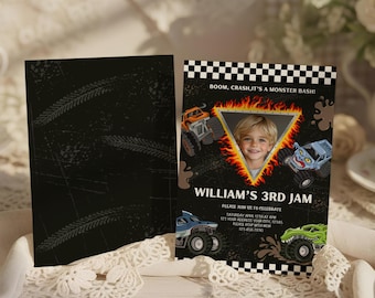 Monster truck birthday party photo invitation,Trucks birthday invite,monster jam birthday invite,Boy birthday invite,EDITABLE template,Canva