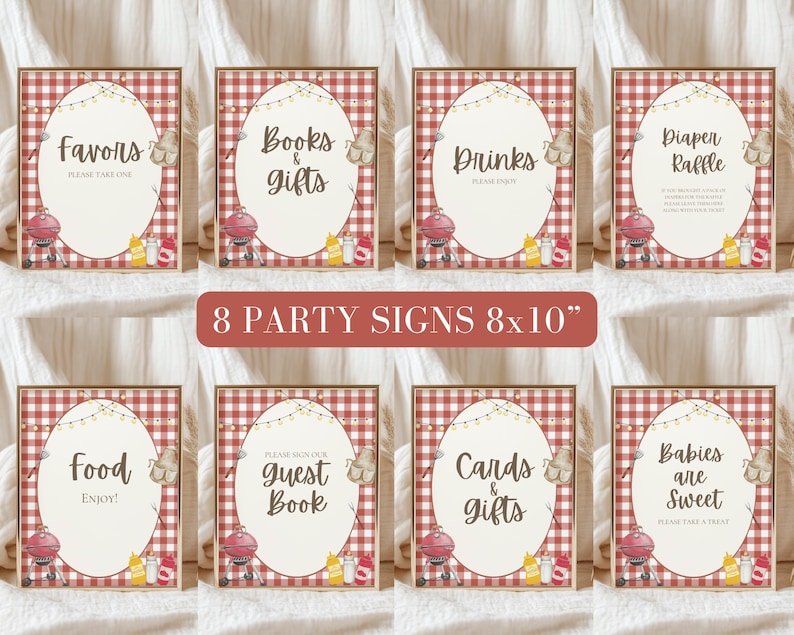 May include: Eight party signs, each with a red and white checkered background and a wooden frame. The signs have various text, including "Favors," "Books & Gifts," "Drinks," and "Diaper Raffle." Each sign features a barbecue grill illustration and is 8x10 inches.