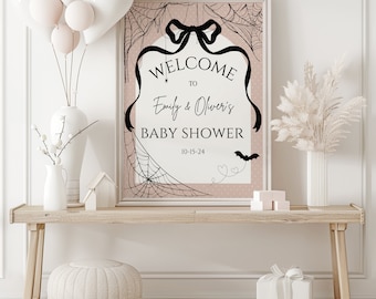 Ein wenig Boo ist fast fällig Babyparty Willkommensschild, Halloween-Babyparty Willkommensschild, gruseliges Babypartyschild, EDITIERBARE Vorlage, Canva