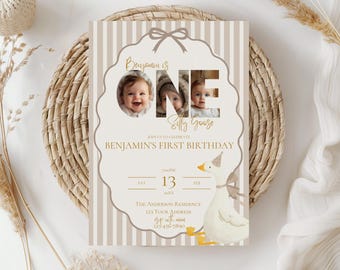 ONE silly goose first birthday party invitation,silly goose birthday invite,goose themed,Neutral 1st birthday invite,EDITABLE template,Canva