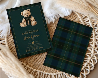 Polo Teddy Baby Shower Editable Invitation,Gender Neutral Classic Plaid,Tartan Equestrian,Lauren Teddy Bear,Editable template,Canva