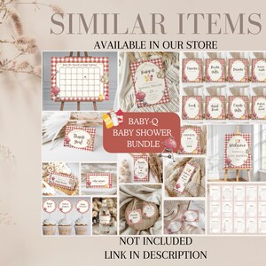 Op de afbeelding: Een digitale collage van afdrukbare babyborreldecoraties met een rood-wit geruit patroon. De decoraties omvatten een welkomstbord, voedsellabels, bedankkaartjes en een kalender. De tekst "BABY-Q BABY SHOWER BUNDLE" staat in het midden van de afbeelding.
