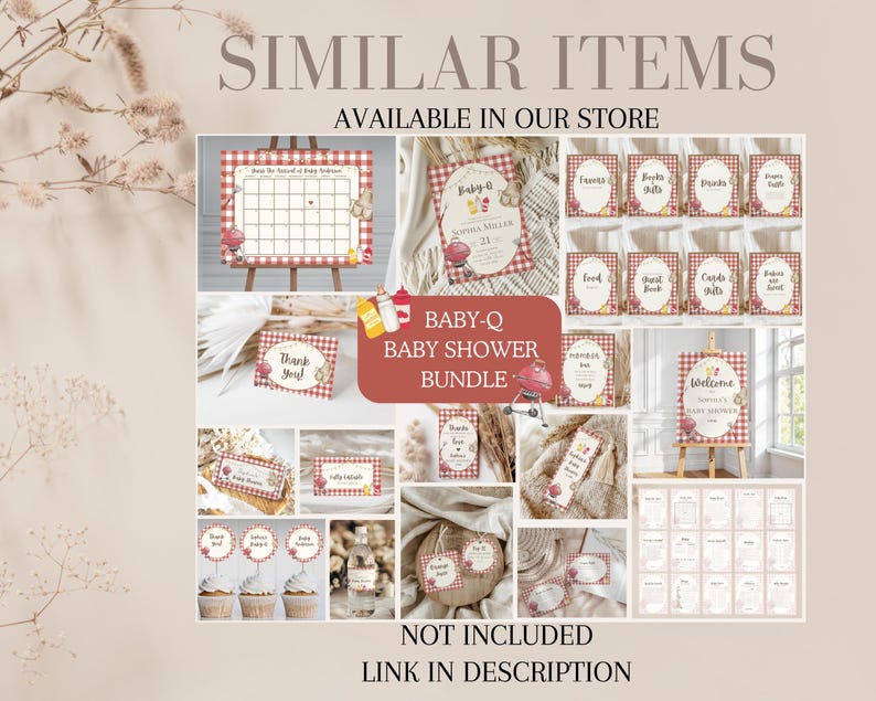 Op de afbeelding: Een digitale collage van afdrukbare babyborreldecoraties met een rood-wit geruit patroon. De decoraties omvatten een welkomstbord, voedsellabels, bedankkaartjes en een kalender. De tekst "BABY-Q BABY SHOWER BUNDLE" staat in het midden van de afbeelding.