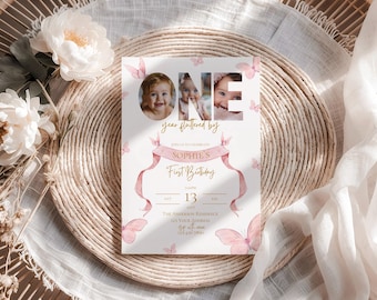 ONE year fluttered by first birthday party invitation,girl first birthday invite,butterfly 1st birthday party,EDITABLE TEMPLATE,Canva