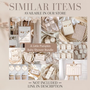 May include: A collection of baby shower stationery and decor items featuring a pumpkin theme with beige and brown gingham patterns. The bundle includes welcome signs, thank you cards, cupcake toppers, water bottle labels, and a calendar.