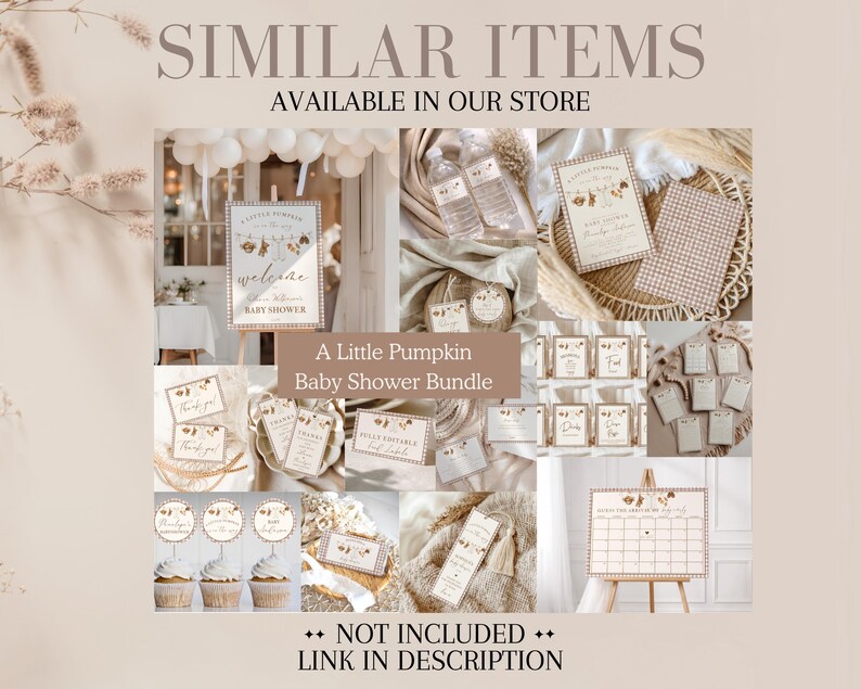 May include: A collection of baby shower stationery and decor items featuring a pumpkin theme with beige and brown gingham patterns. The bundle includes welcome signs, thank you cards, cupcake toppers, water bottle labels, and a calendar.