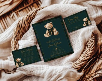Polo Teddy Baby Shower Editable Invitation suite,Gender Neutral Classic Plaid,Tartan Equestrian,Lauren Teddy Bear,Editable template,Canva