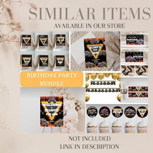May include: Monster truck themed birthday party printable set. Includes welcome sign, food labels, cupcake toppers, banner, and invitations.  The set features a black and yellow monster truck with flames.
