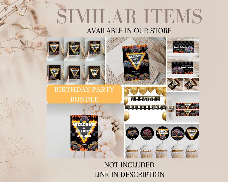 May include: Monster truck themed birthday party printable set. Includes welcome sign, food labels, cupcake toppers, banner, and invitations.  The set features a black and yellow monster truck with flames.