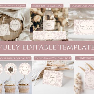May include: A set of printable party templates featuring a delicate floral design in shades of pink and white. The templates include labels for drinks, food, thank you cards, and cupcake toppers. The text "Sophia's First Birthday" is included on some of the templates.