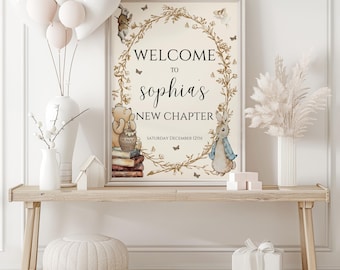 A new chapter will soon begin baby shower welcome sign,new chapter baby shower decor,books themed baby shower sign,EDITABLE template,Canva