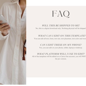 May include: A digital FAQ template featuring the heading FAQ followed by questions and answers regarding digital downloads, editing capabilities, device compatibility, and the use of a free Canva account, displayed next to a white button-down shirt.