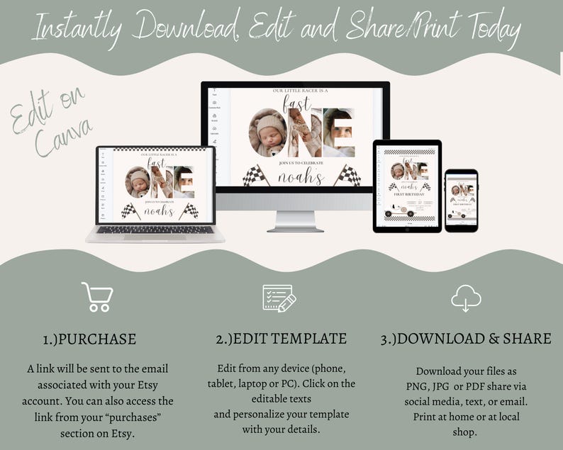 May include: Editable digital invitation template for a first birthday party with a race car theme. The template features a photo of a baby in a race car, the words "fast one", and the name "Noah's".