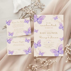 Nous sommes enchantés de vous rencontrer suite d'invitation de baby shower, invitation papillon, invitation de baby shower, papillon violet, modèle MODIFIABLE, toile