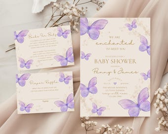 Jesteśmy zachwyceni, mogąc przedstawić Ci zestaw zaproszeń na baby shower, zaproszenie motyl, zaproszenie na baby shower dla dziewczynki, fioletowy motyl, szablon EDYTOWALNY, canva