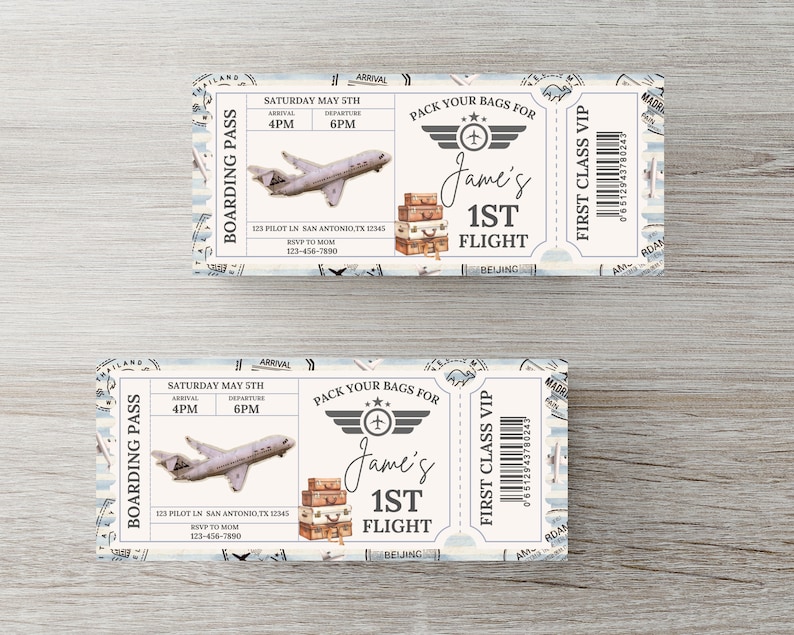 May include: A vintage-style airplane ticket invitation for a first birthday party. The ticket is blue and white with a plane, luggage, and the text "Jame's 1st Flight".