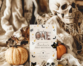 Spooky One Birthday Invitation, Halloween First Birthday digital Invite, Ghost Birthday Party, bats invite,Editable Canva Template