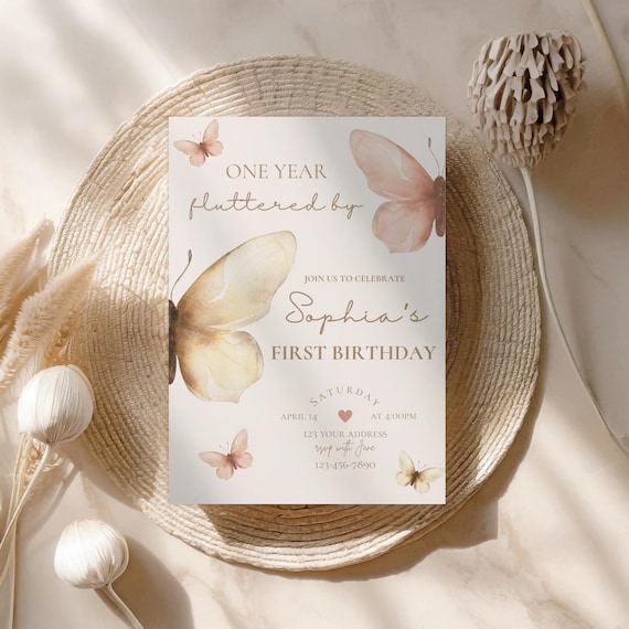 ONE year fluttered by birthday party invitation,butterfly invite,girl first birthday invite,butterfly party invite,EDITABLE template,Canva