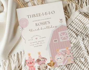 Pink Farm Birthday Invitation,Three-I-E-I-O 3rd Birthday Invite,Barnyard Girl Party,Farm Animal Party Printable,Editable Template,Canva