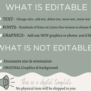 May include: A green and white graphic with the text "WHAT IS EDITABLE" and "WHAT IS NOT EDITABLE". The text lists what is editable and not editable in a digital template. The text includes "TEXT", "FONTS", "GRAPHICS", "Document size & orientation", and "ORIGINAL Graphics & background". The graphic also includes a megaphone with the text "This is a digital template. No physical item will be shipped to you."