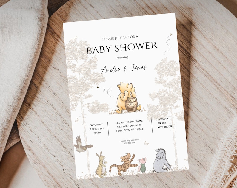 Editable retro Winnie The Pooh Invitation,Gender Neutral Baby Shower invite,Winnie Pooh Baby Shower invitation, boho baby shower invite image 4