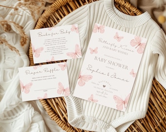Butterfly kisses and baby wishes baby shower invitation suite,butterfly themed baby shower invite,gender neutral invite,EDITABLE template