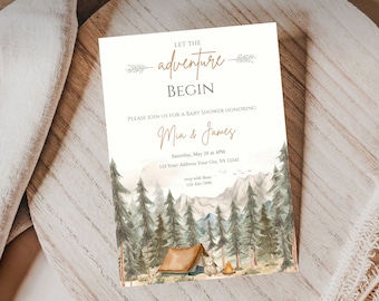 Adventure Awaits Baby Shower Invitation: Camping Theme (Digital Download)