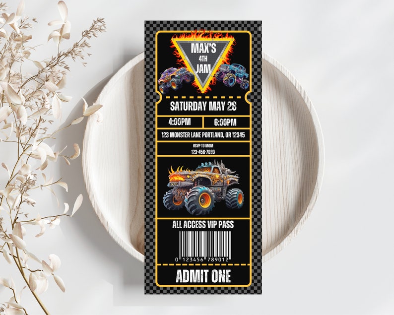K&ouml;nnte beinhalten: Eine schwarze und gelbe Monstertruck-Partyeinladung mit einem Monstertruck-Motiv und dem Text "Max's 4th Jam" und "Saturday May 28".