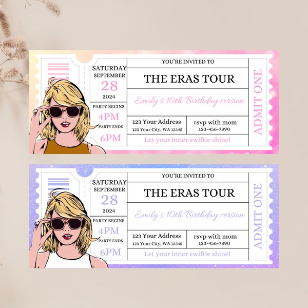 Taylor Era's Tour Ticket Stub, Birthday Invite ,eras birthday invitation template,eras party, Instant Download Eras Tour Party,eras invite
