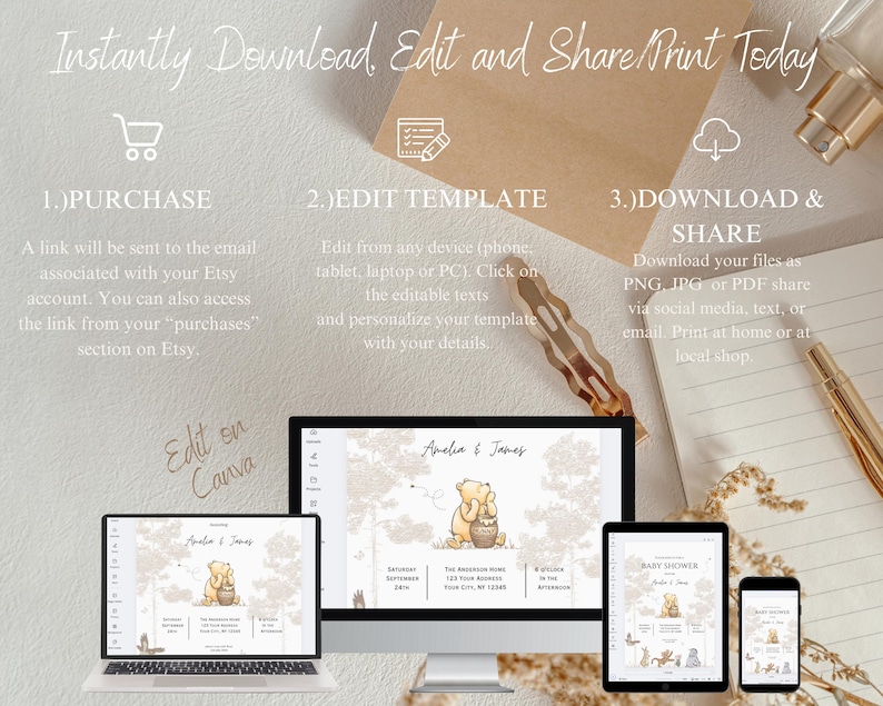 Editable retro Winnie The Pooh Invitation,Gender Neutral Baby Shower invite,Winnie Pooh Baby Shower invitation, boho baby shower invite image 6