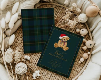 Polo Teddy bear Christmas birthday invitation,Gender Neutral Classic Plaid,Tartan Equestrian,Lauren themed invite,Editable template,Canva