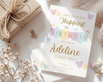 Le plus joyeux anniversaire sur terre, invitation d&#39;anniversaire Minnie, invitation d&#39;anniversaire magique modifiable, téléchargement immédiat, modèle imprimable