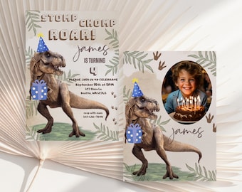 Plantilla de invitación de cumpleaños de dinosaurio: Invitación con foto personalizable (descarga digital)