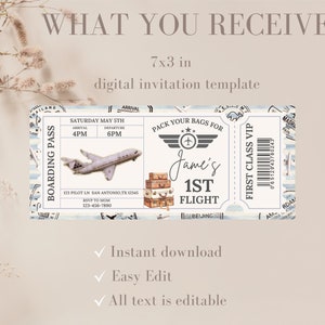 May include: A printable 7x3 inch digital invitation template for a first birthday party. The template features a vintage airplane ticket design with the text "Pack your bags for Jame's 1st Flight".