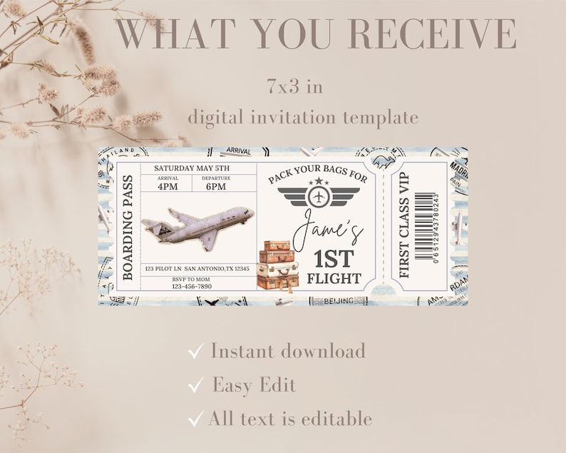 May include: A printable 7x3 inch digital invitation template for a first birthday party. The template features a vintage airplane ticket design with the text "Pack your bags for Jame's 1st Flight".