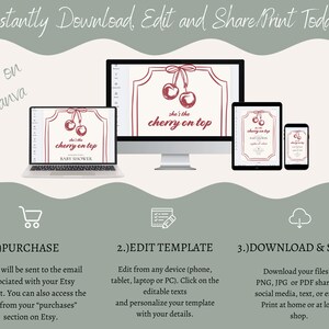 Op de afbeelding: Een digitaal sjabloon voor een babyshower-uitnodiging. Het sjabloon heeft een rood kersendesign met de tekst "She's the cherry on top". Het sjabloon kan worden bewerkt en gedownload op Canva.