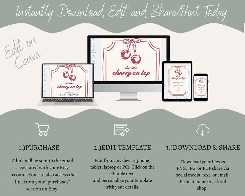 Op de afbeelding: Een digitaal sjabloon voor een babyshower-uitnodiging. Het sjabloon heeft een rood kersendesign met de tekst "She's the cherry on top". Het sjabloon kan worden bewerkt en gedownload op Canva.