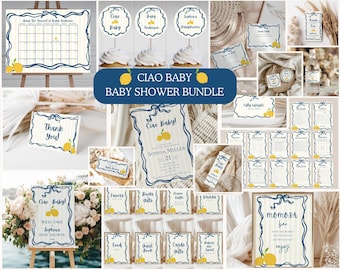 May include: A baby shower printable bundle with a lemon and blue color scheme. The bundle includes a welcome sign, invitations, thank you cards, food labels, and more. The text "Ciao Baby!" is featured throughout the bundle.