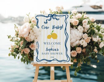 Ciao Baby Lemon Baby Shower Willkommensschild, italienisches Babypartydekor, bearbeitbare Vorlage, geschlechtsneutrale Babyparty, Bambino Bambina Zeichen, Canva