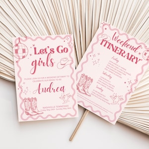 Disco Cowgirl bachelorette invitation templates,retro disco bachelorette invitation,bachelorette weekend invitation and itinerary templates