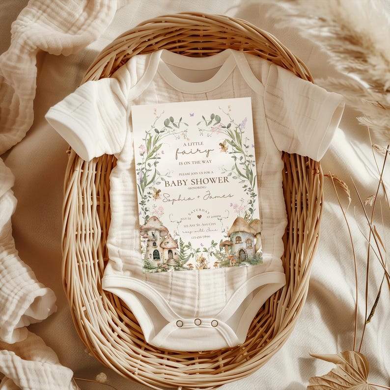 Pu&ograve; includere: Un invito a una baby shower con un tema fatato incantevole. L'invito presenta un'illustrazione ad acquerello di una casetta delle fate, fiori e un'ape. Il testo recita "Una piccola fata &egrave; in arrivo. Unisciti a noi per una baby shower in onore di Sophia e James."