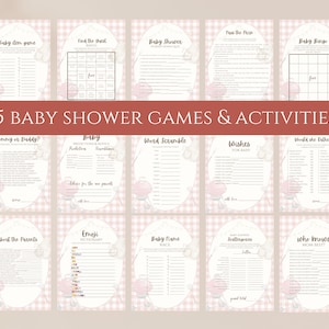 May include: A collection of 15 baby shower games and activities. Each game is printed on a white card with a pink gingham border and floral accents. The title "15 BABY SHOWER GAMES & ACTIVITIES" is displayed in a dark red banner.