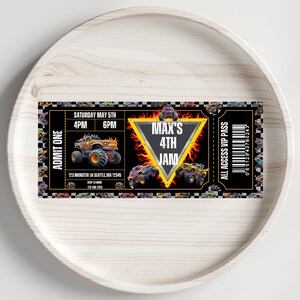 May include: A black and yellow monster truck party invitation ticket with a monster truck graphic and the text "Max's 4th Jam" and "All Access VIP Pass".