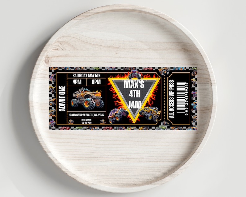 May include: A black and yellow monster truck party invitation ticket with a monster truck graphic and the text "Max's 4th Jam" and "All Access VIP Pass".