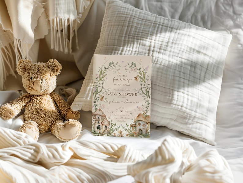 Pu&ograve; includere: Un invito per un baby shower con un tema fatato incantevole. L'invito presenta un bordo floreale con una casa delle fate e il testo "A Little Fairy Is On The Way" e "Baby Shower".
