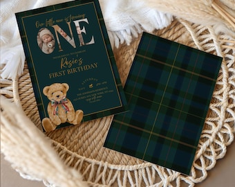 Zaproszenie na pierwsze urodziny z misiem Polo, Klasyczna krata neutralna płciowo, Tartan Jeździecki, Pierwsze urodziny Lauren, Edytowalny szablon, Canva